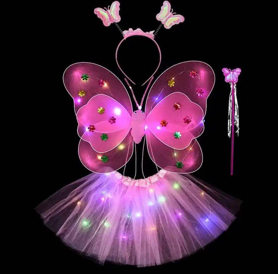 Vlindervleugels Roze – verkleedset met lichtgevende vlinder vleugeltjes met LED lampjes – fee prinses verkleden – 4-delig (vleugeltjes haarband toverstaf rokje)