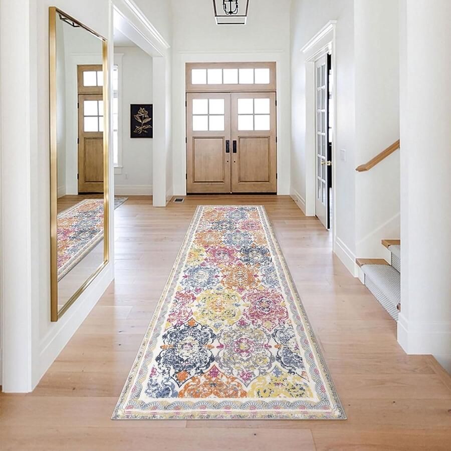 Vloerkleed loper 75 x 243 cm lang vintage boho keukenloper hoogwaardig antislip wasbaar wollig zacht tapijtloper voor bijkeuken entree woonkamer kleurrijk