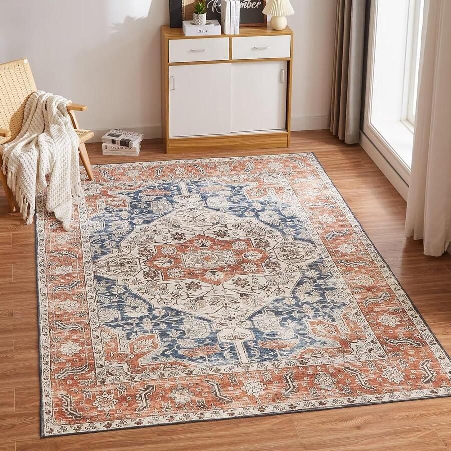 Vloerkleed voor de woonkamer wasbaar vintage laagpolig tapijt oosters zacht tapijt voor slaapkamer boho tapijt antislip voor binnen en buiten 80 x 150 cm oranje wasbaar in de