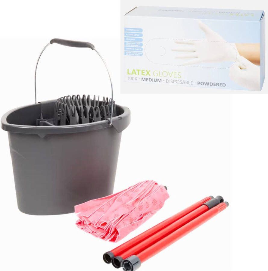 Vloermop met emmer – Emmer 7L Dweilsysteem met wringer – Vloermop met steel – Vloermop dweil Mopset – Spin mop – Vloermopsysteem met 100 latex handschoenen