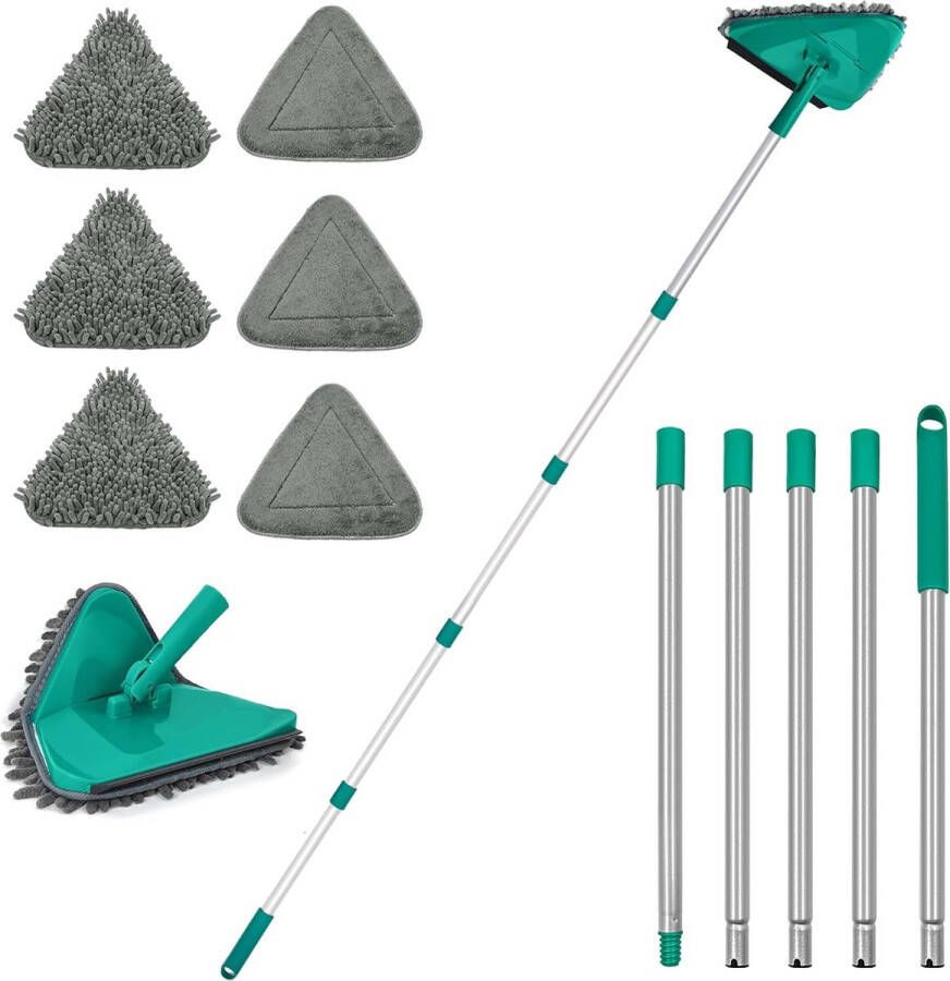 Vloermop met lange steel 200 cm 3-in-1 wandmop met 6 vervangende microvezel chenillepads voor plafonds geverfde muren ramen vloeren plinten (groen)