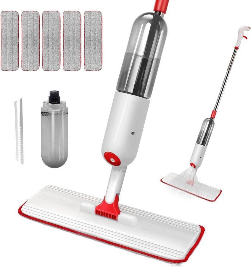 Vloermop met sproeifunctie sproeimop met watertank van 500 ml en 5 microvezelmoppads wisser met sproeifunctie voor hardhouten vloeren laminaat hout tegels Stuur 1 schraper
