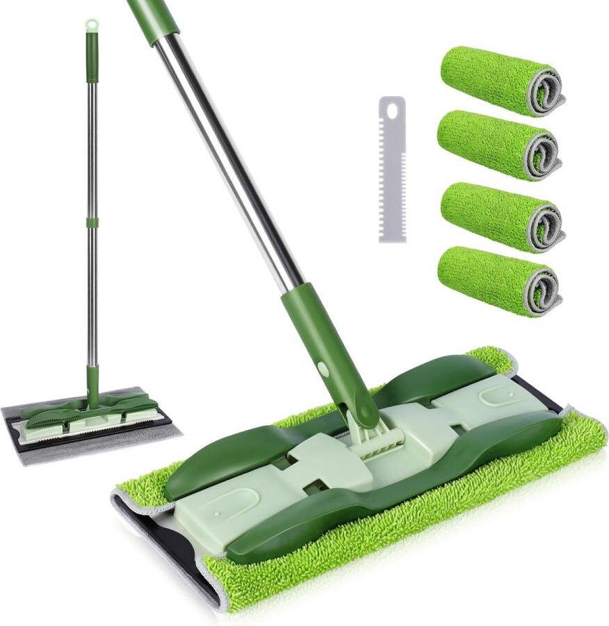Vloermop vlakmop met 4 dubbelzijdige dweilpads verstelbaar metalen bodemplaat microvezel vlakmopvloer voor oppervlaktereiniging van de vloer verzendschraper