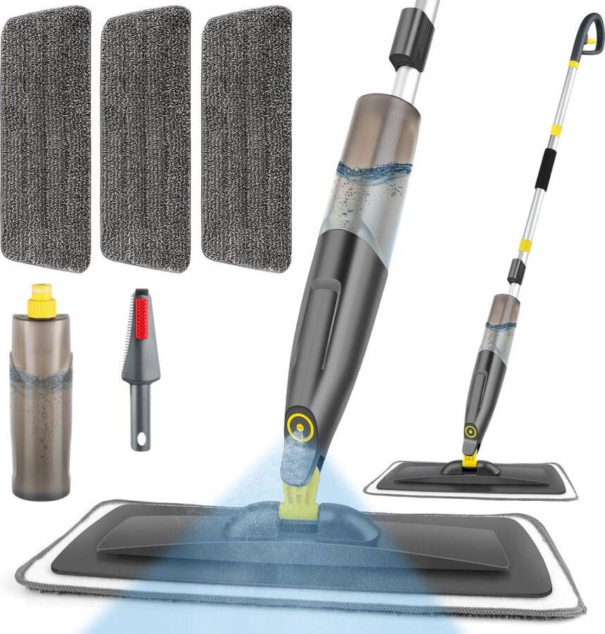 Vloerwisser met sproeifunctie 500 ml navulbare watertank sproeiwisser voor snelle reiniging met 3 wasbare microvezelhoezen grijs sproeimop