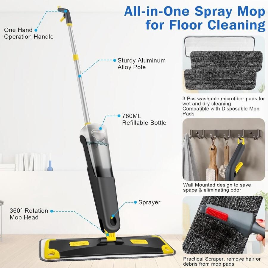 Vloerwisser met sproeifunctie natte mop voor vloerreiniging 780 ml microvezel stofsproeiwisser met 3 wasbare pads platte mop met sproeier voor houten vloeren hardhout laminaat