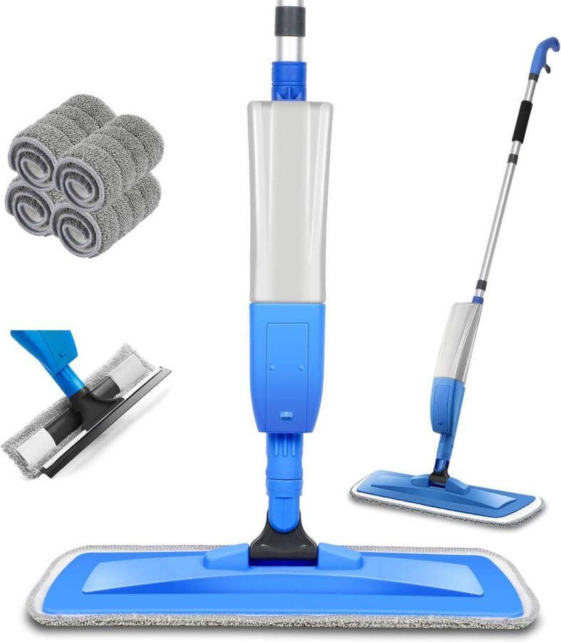 Vloerwisser met sproeifunctie Spray Mop met 4 wisserpads en raamschraper 360 graden roterende mop met 450 ml waterreservoir blauw nieuw