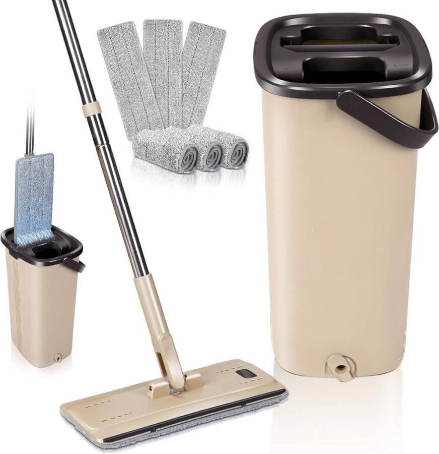 Vloerwisser set met emmer verstelbare handgreep 6 microvezel dweilpads 2-in-1 poetsemmer geschikt voor alle vloeren Mop