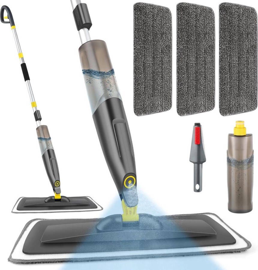 Vloerwisser sproeifunctie 500 ml navulbare watertank- snelle reiniging- 3 wasbare microvezelhoezen- grijs sproeimop