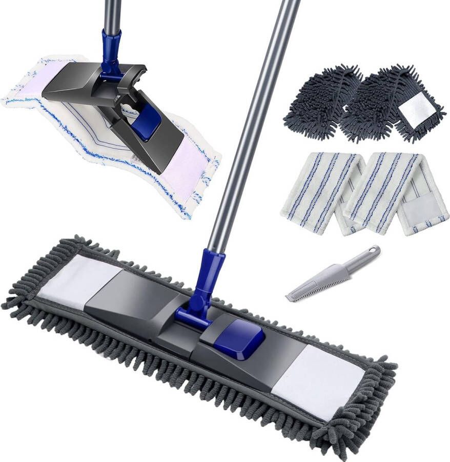 Vloerwisserset 128 cm chenille platte mop met 4 dweilpads wisserset voor snelle reiniging van de vloer zand stoftool blauw