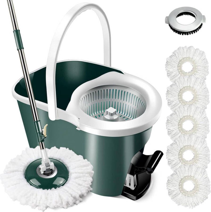 Vloerwisserset dweilmop en emmerset met 5 microvezelpads 123 cm telescoopsteel poetsemmer set met voetpedaal voor marmeren vloer tegellaminaat (donkergroen) zender 1 borstelkop