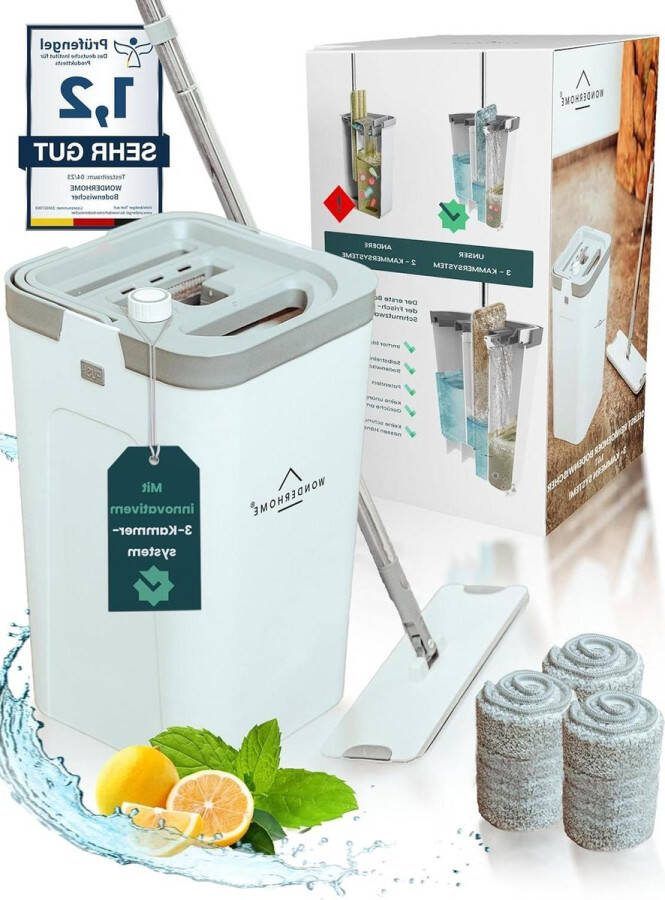Vloerwisserset met emmer scheidt vuil van vers water innovatieve 3-kamer mop poetsset + uitwringfunctie voor elke vloer bestellen poetsemmer met wisser mop and bucket set