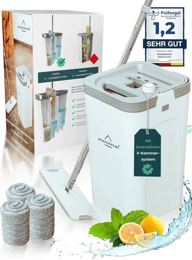 Vloerwisserset met emmer scheidt vuil van vers water innovatieve 3-kamer mop poetsset + uitwringfunctie voor elke vloer bestel nu!