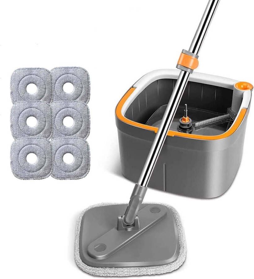 Vloerwisserset spin mop en emmer set 6 microvezel-dweilpads zelfscheidend vuil en vers watersysteem zelfuitwringend 360° draaibare vierkante mopkop mop and bucket set