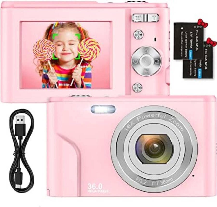 Vlog Camera Kinderen Digitale Kindercamera Kinderfototoestel Kindercamera Digitaal met 2 batterij Roze