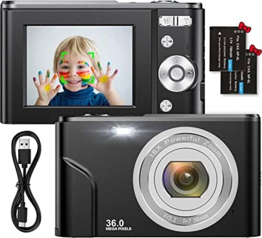 Vlog Camera Kinderen Digitale Kindercamera Kinderfototoestel Kindercamera Digitaal met 2 batterij Zwart