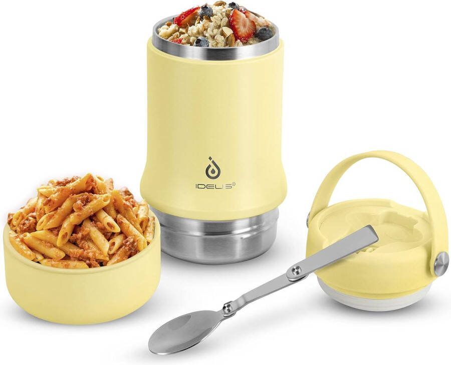 Voedselcontainer met opvouwbare lepel roestvrijstalen geïsoleerde voedselfles 600 ml voor school kantoor reizen kamperen 12 uur warm 24 uur koud (20 oz lichtgeel)
