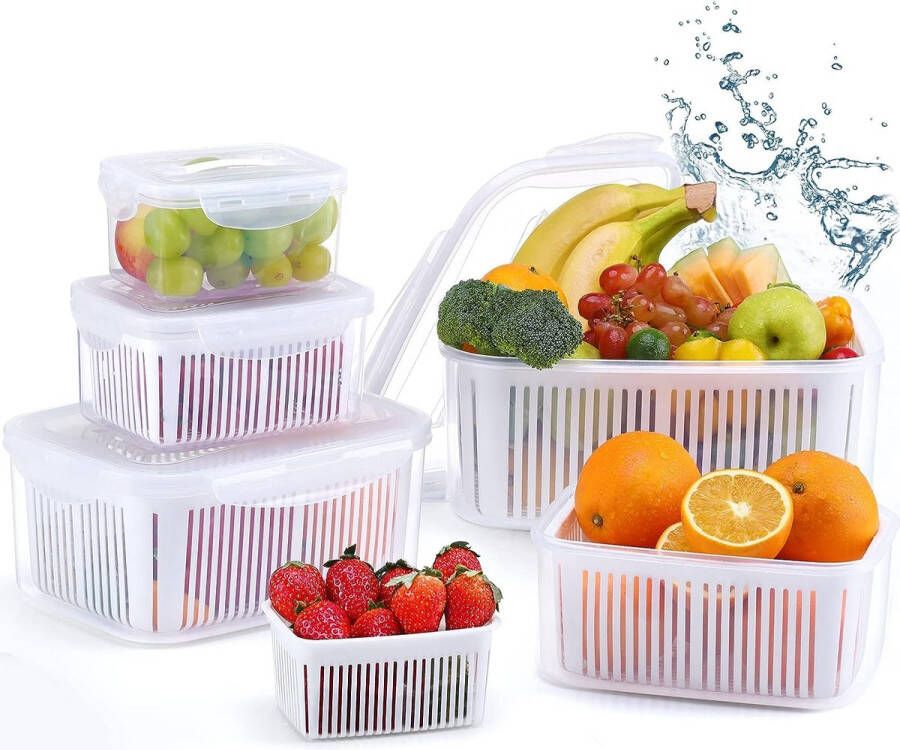 Voedselopslagcontainers Fruit Groenten met deksel Zeef opslagcontainers Set van 5 8 L + 3 8 L + 2 3 L + 1 3 L + 0 7 L BPA-vrij Voedselopslagdozen goed scheidbaar Koelkastorganizer