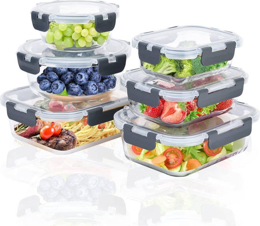 Voedselopslagcontainers met deksels 6 stuks voedselopslagcontainers van glas met verbeterd deksel BPA-vrij voor voedsel en lekvrij glazen containers met deksels voor oven vriezer grijs