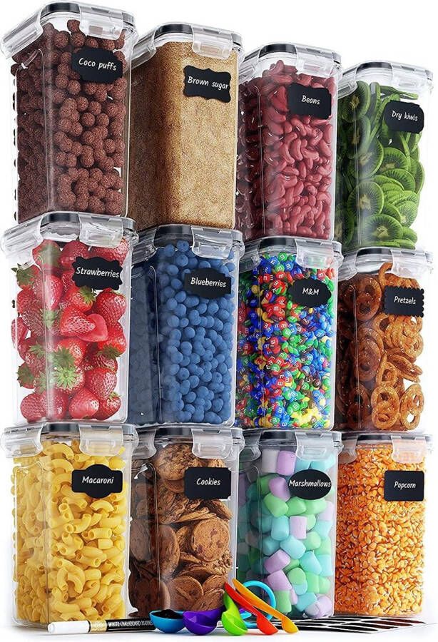 Voedselopslagcontainers (Pack van 12|2L) Voedselcontainers voor Keuken & Pantry Organisatie Plastic Canisters met Duurzame Deksels voor Pasta Granen Rijst Bonusetiketten Marker en Lepel