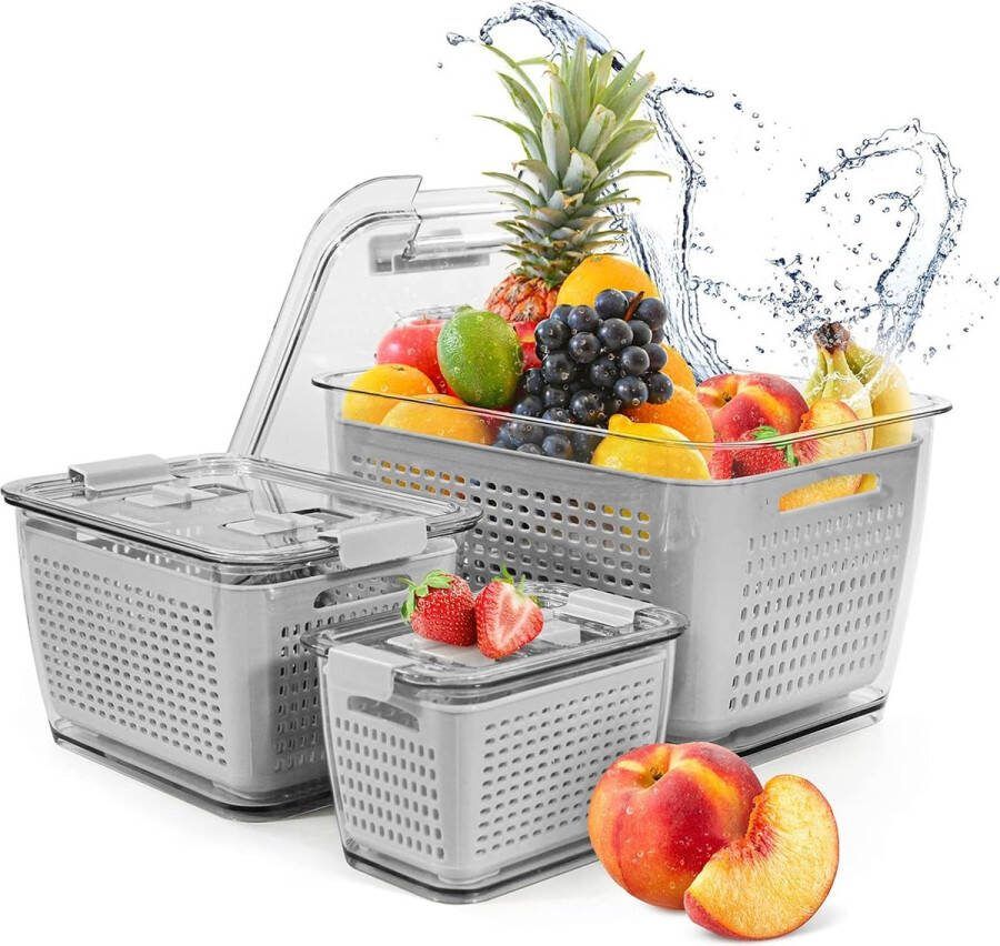 Voedselopslagcontainers Set Koelkastorganizer Opslagcontainers Set van 3 (0 5 L + 1 7 L + 4 5 L) Plastic Koelkastorganizer Set met deksel en zeef (grijs set van 3)