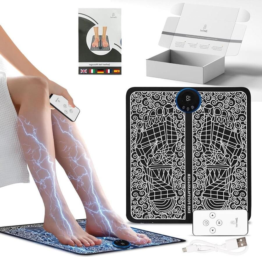 Voetmassage Elektrisch EMS voetmassageapparaat met afstandsbediening en handleiding voetontspanning 8 modi 18 intensiteitsniveaus