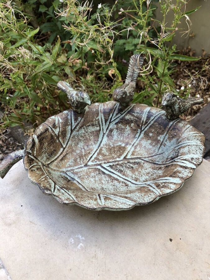 Vogelbad met 3 vogels gietijzer groen-bruin-rust