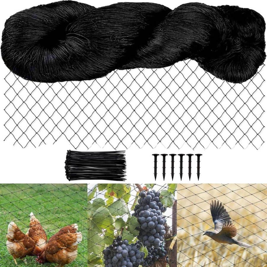 Vogelbeschermingsnet 15 x 15 m net 25 mm grondhaken kabelbinders kippenren volièrenet vijvernet