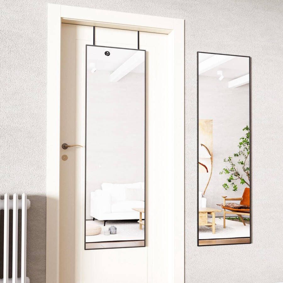 Volledige deurspiegel 35 x 122 cm wandspiegel met 2 in hoogte verstelbare ophanghaken boven de deur hangende spiegel met aluminium frame voor ingangen en slaapkamers zwart
