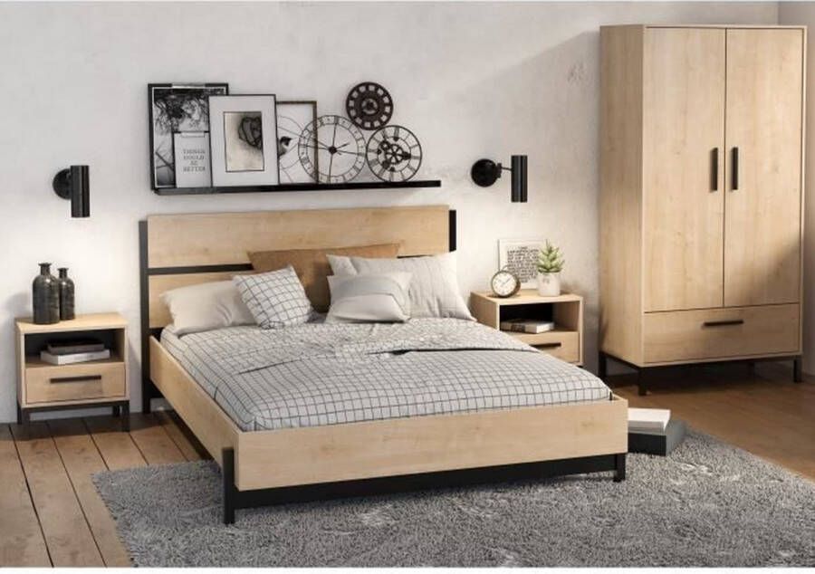 Volwassen bed Craft Bed 140x190 200 cm 2 Bedtafels + Kast Melamine Hamilton eiken Decor Franse ie Demeyere
