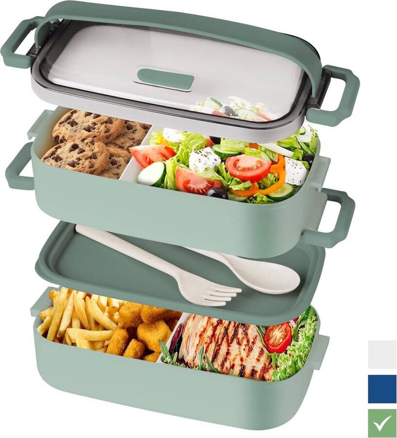 Volwassen Bento Lunchbox voor Kinderen Lunchbox voor Kinderen met Compartimenten Lunchbox voor Kinderen Lekvrije Lunchbox Ideaal voor Werk School en Reizen Lunchbox 1600 ml Groen