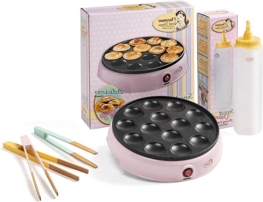 Voordeelpakket Poffertjesmaker incl deegfles & serveertangen ideaal voor Kerstmis Pasen kinderverjaardagen retro design 800 watt roze geel. Poffertjes pan