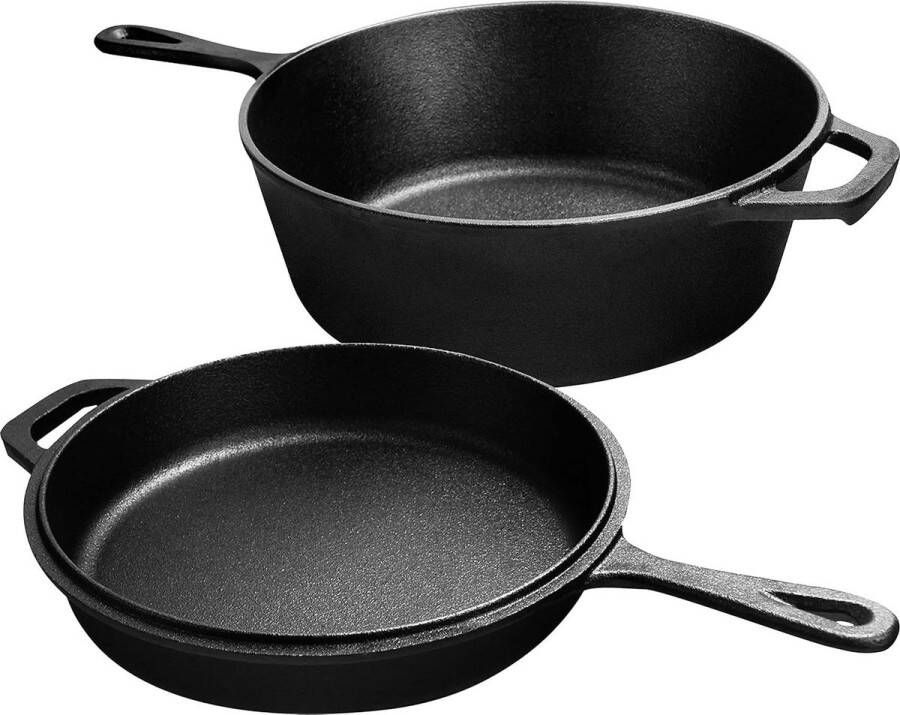 Voorgezouten Hollandse Oven Vuurpot Grilpannen Dubbele functie Veilige Gietijzeren Combikoker Kachel Kamperen Binnen en Buiten 3L-32 Kwart Kookset (2 in 1)