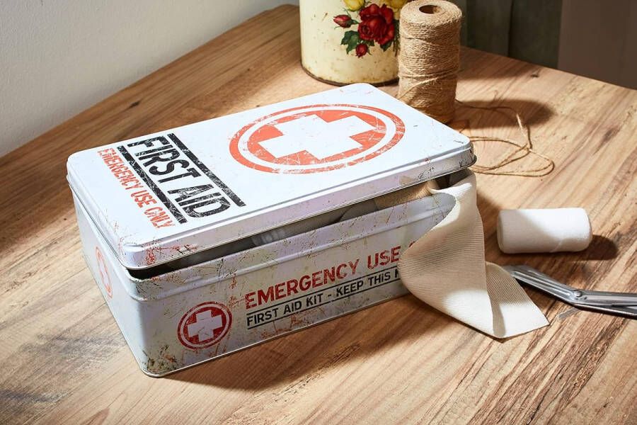 Voorraadblik plat First Aid Kit – Geschenkidee voor nostalgiefans Blik met deksel Vintage design 2 5 l