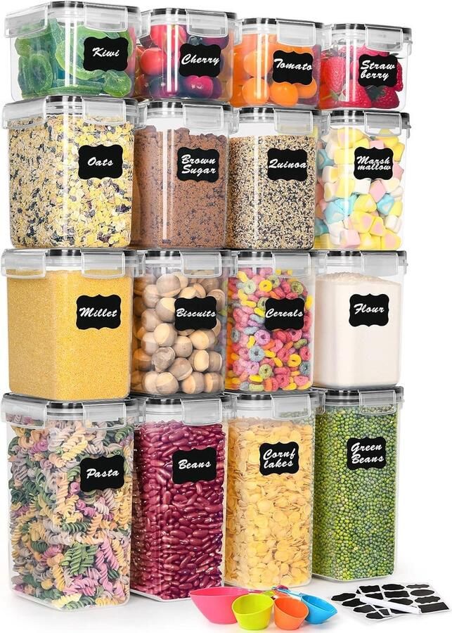 Voorraaddozen met deksel luchtdicht set van 16 BPA-vrij totale capaciteit 22 4 l opbergdoos mottenveilige keukenorganizer cornflakes muesli meel voorraaddoos met etiketten