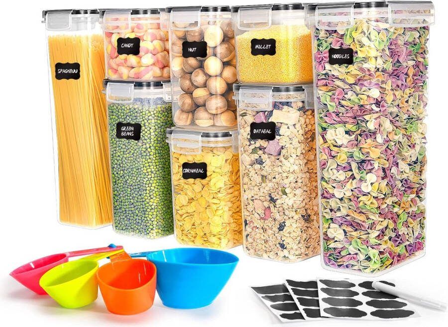 Voorraaddozen met deksel luchtdichte set van 8 BPA-vrij totale capaciteit 14 l opbergdoos keuken mottenveilige keukenorganizer cornflakes muesli meel voorraaddoos met etiketten