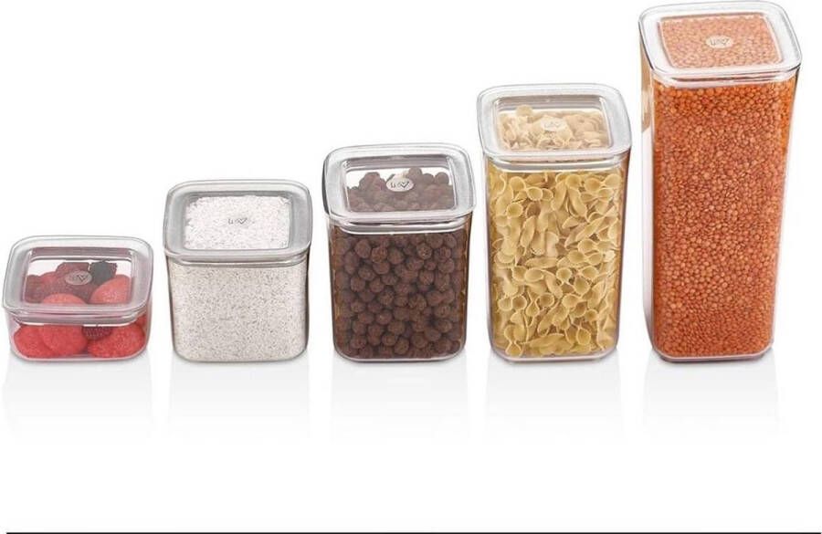 Voorraaddozen Set van 5 muesli bulkdoos en vershouddozen Kunststof voorraaddozen luchtdicht Rijst pasta zout meel suiker Opbergdozen huis Keukenorganisatie Voorraadbussen