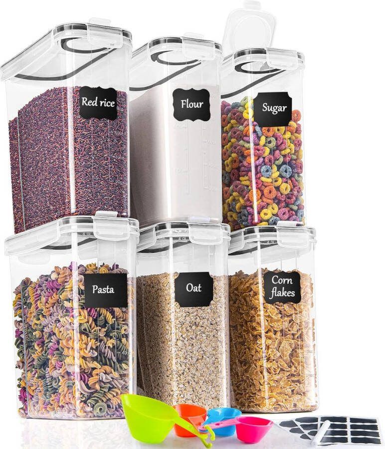 Voorraaddozenset 2 5 l x 6 stuks opbergdoos keukenorganizer luchtdicht vershouddoos van kunststof met deksel voorraadcontainer voor het bewaren van muesli meel koffiebonen cornflakes