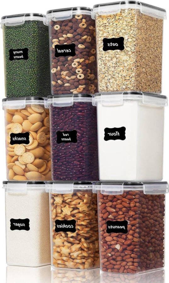 Voorraaddozenset muesli-vershouddozen-luchtdicht-droogvoercontainerset-BPA-vrij-kunststof set van 9 24 etiketten zwart rice dispencer