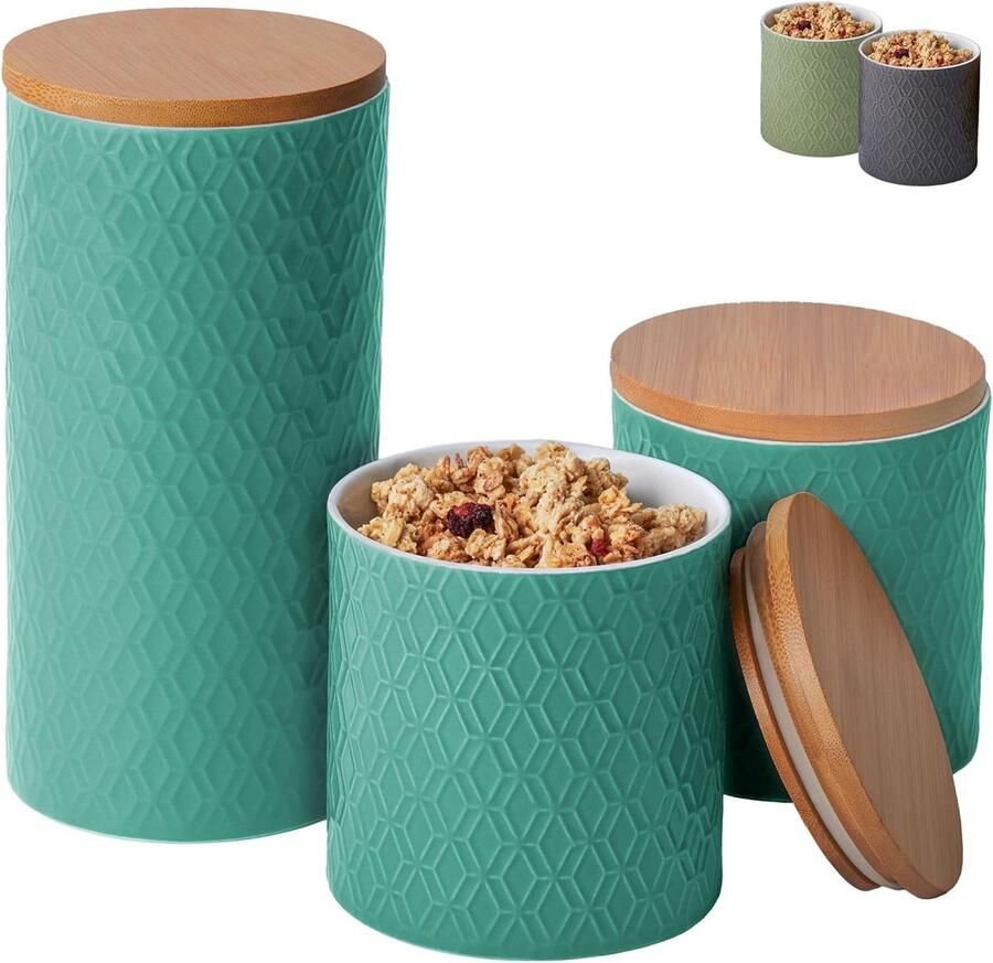 Voorraadpotten met Bamboe Deksel 3-Delige Keramische pot met Luchtdicht Deksel Vaatwasmachinebestendig Voorraadpotten voor koffie suiker muesli (turquoise)