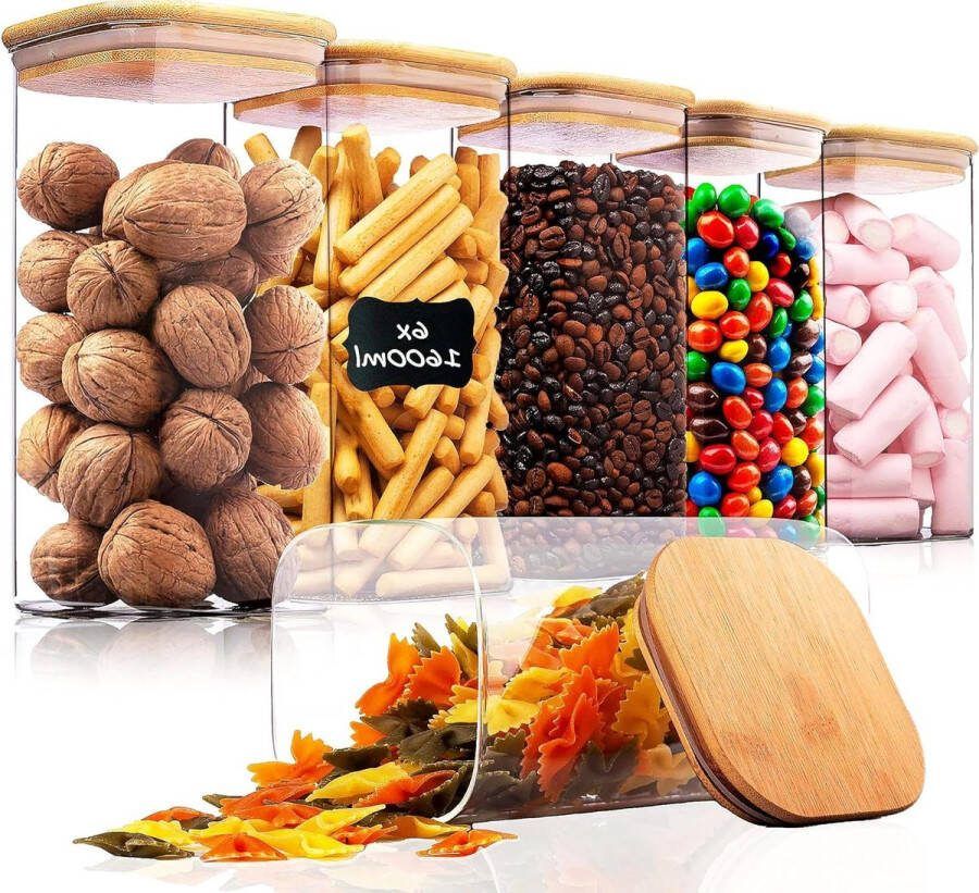 Voorraadpotten met Deksel 6-Delige Set + Etiketten LUCHTDICHT Muesli Cornflakes Spaghetti Glazen Voorraaddozen Keuken Opbergbox Bewaarglas 6x1600ml luchtdichte opbergbox