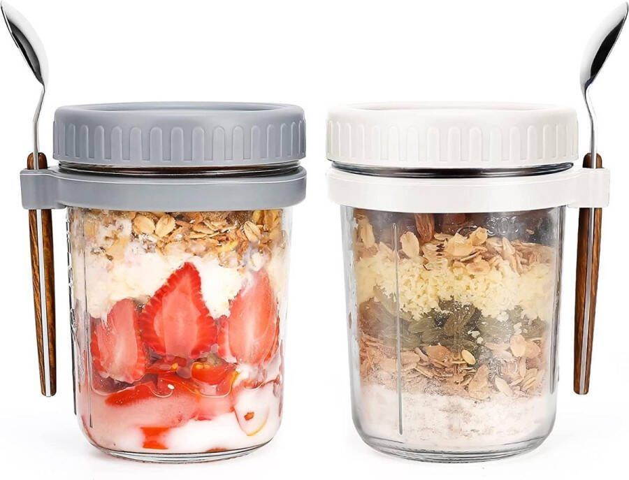 Voorraadpotten met deksel en lepel 475 ml yoghurtbekers nachtelijke haverpotten luchtdichte container voor yoghurt muesli mepal pap melk fruit (2 stuks)