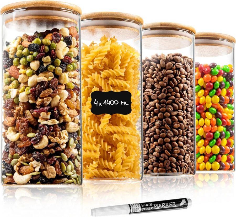 Voorraadpotten met Deksels Set van 4 1400ml – Luchtdicht Vaatwasser- Magnetronvriendelijk Pot voor Koekjes Pasta Droog Voedsel Ontbijtgranen 4x20 cm Hoog 10cm Doorsnee…