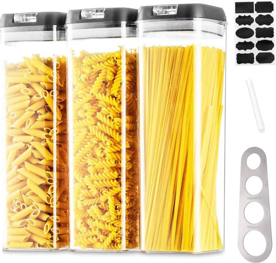 Voorraadpotten Opbergdoos Keuken Voorraadcontainers Opslag: Set van 3 Luchtdichte Pastacontainers Set met Zwart Gemakkelijk Deksel Stapelbare Voedselopslag voor Spaghetti Granen Cornflakes