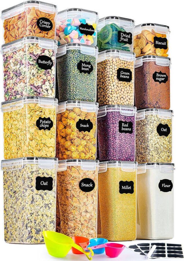 Voorraadpotten set van 16 opbergdoos keukenorganizer luchtdichte opbergcontainer kunststof met deksel voorraadcontainer voor ontbijtgranen meel koffiebonen cornflakes opslag 2 l 1 4 l 0 8 l