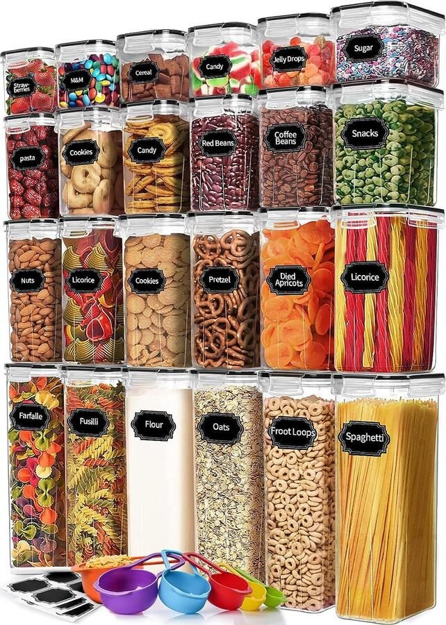 Voorraadpotten Set van 24 BPA-vrij Graanopslagcontainer en Voedselopslagcontainers Luchtdichte Keukenopslagcontainers 40 Etiketten voor Granen Meel Suiker (Zwart)