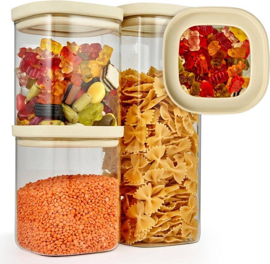 Voorraadpotten van Borosilicaatglas Luchtdicht & Stapelbaar Set van 3 Voorraadpot Keuken Vierkante Voorraadbussen