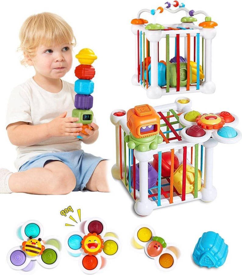 Vormenstoof Baby Sensorische Bin Vorm Sorter Speelgoed Montessori Educatief Speelgoed Kleurrijke Kubus met Zuignap Tol Kraal Doolhof Peuters 1-3 Jaar
