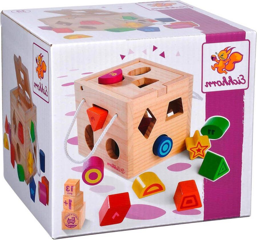 Vormenstoof houten kubus van grenenhout met 12 insteekmodules educatief houten speelgoed 145x145x145 cm vanaf 12 maanden