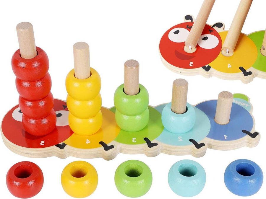 Vormenstoof Houten Stapelen Ringen Baby and Counting Game Color Sorting Rings 5 Haringen Ring Stacker Counting Rings Early Learning houten speelgoed voor de 1 jaar oud Eerste Gift Birthday Boy Girl