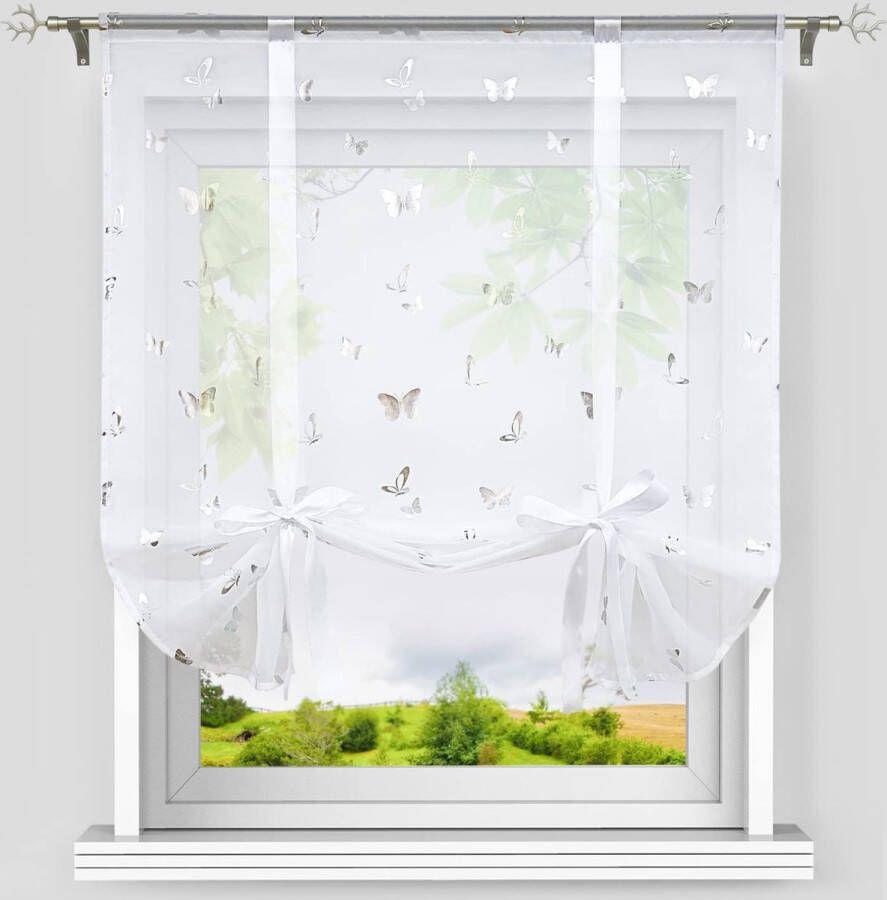 Vouwgordijn met trekkoord voile vouwgordijn modern klein raam keukengordijn glanzend vlinder-decoratiepatroon zilver BxH 120x140 cm
